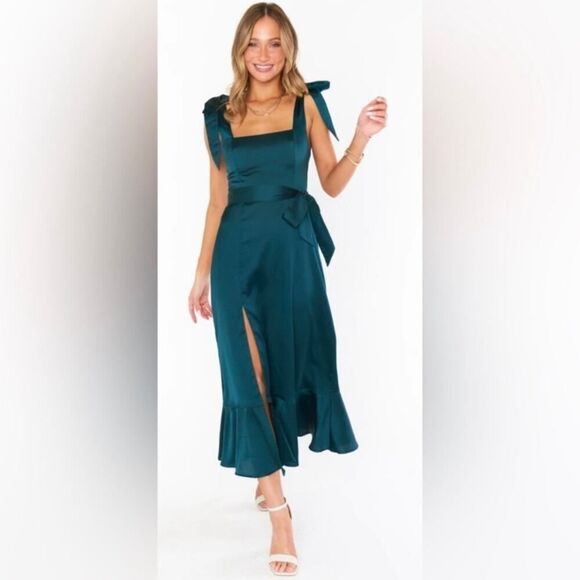 New Show‎ Me Your Mumu Deep Emerald Luxe Satin Claire Midi Dress Large - Picture 1 of 10